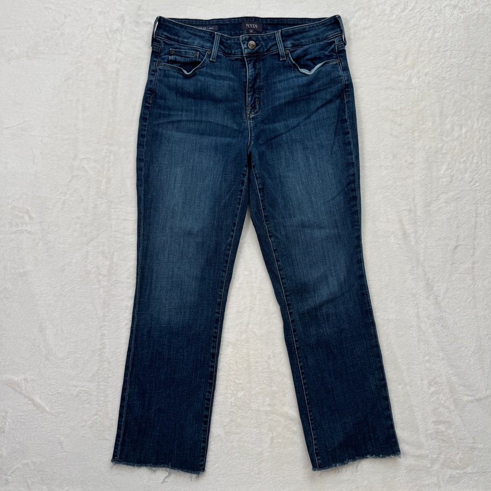 NYDJ Jeans Womens 12 Blue Marilyn‎ Ankle Straight High Rise Raw Hem Lift Tuck